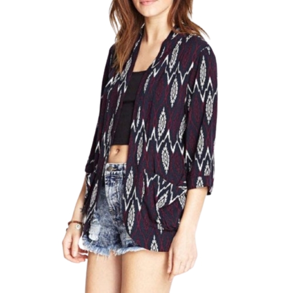 Forever 21 Jackets & Blazers - Forever 21 Dark Blue Multicolor Print Blazer 3/4 Sleeves Pockets Lightweight
